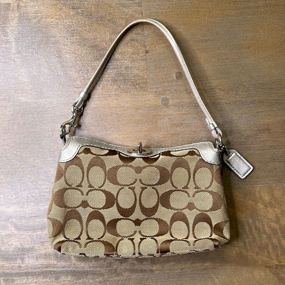 Coach Vachetta Signature C Canvas & Silver Metallic Leather Small Turn Lock Bag - Picture 2 of 10